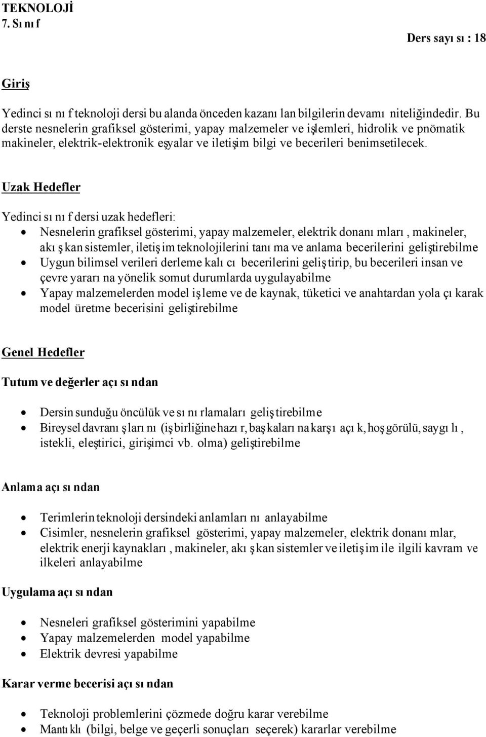 Uzak Hedefler Yedinci sınıf dersi uzak hedefleri: Nesnelerin grafiksel gösterimi, yapay malzemeler, elektrik donanımları, makineler, akışkan sistemler, iletişim teknolojilerini tanıma ve anlama