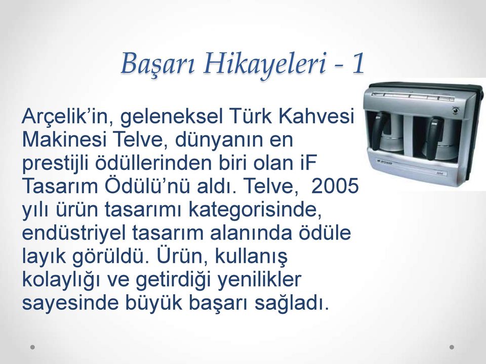 Telve, 2005 yılı ürün tasarımı kategorisinde, endüstriyel tasarım alanında ödüle