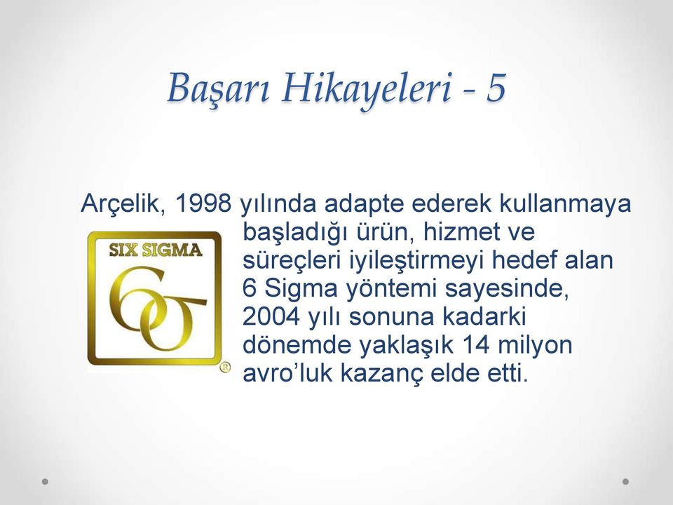 iyileştirmeyi hedef alan 6 Sigma yöntemi sayesinde, 2004