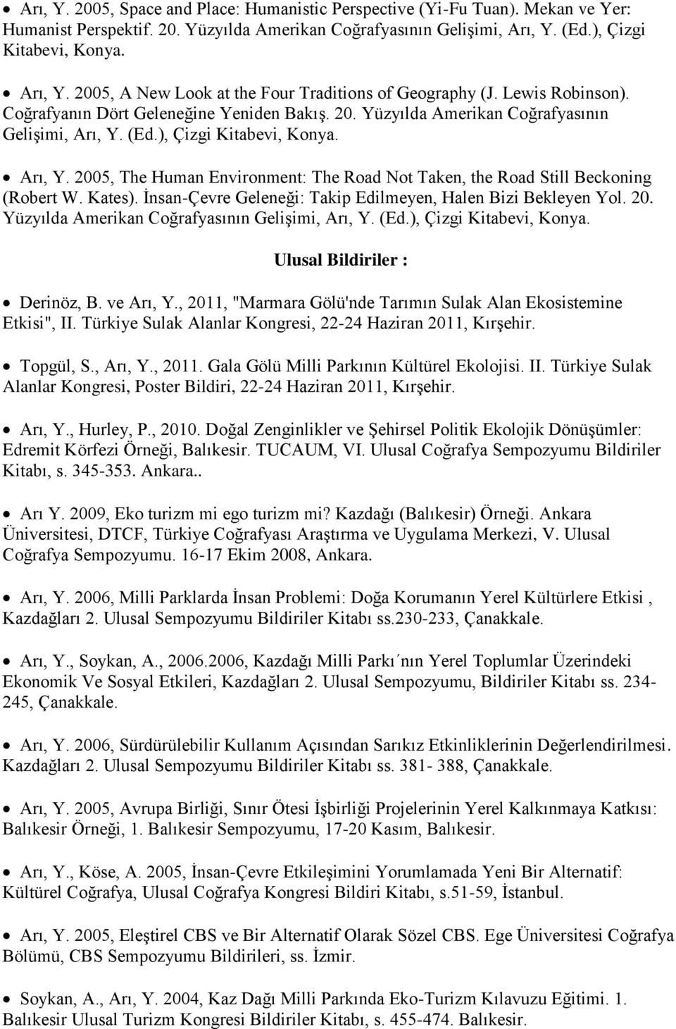 (Ed.), Çizgi Kitabevi, Konya. Arı, Y. 2005, The Human Environment: The Road Not Taken, the Road Still Beckoning (Robert W. Kates). İnsan-Çevre Geleneği: Takip Edilmeyen, Halen Bizi Bekleyen Yol. 20. Yüzyılda Amerikan Coğrafyasının Gelişimi, Arı, Y.