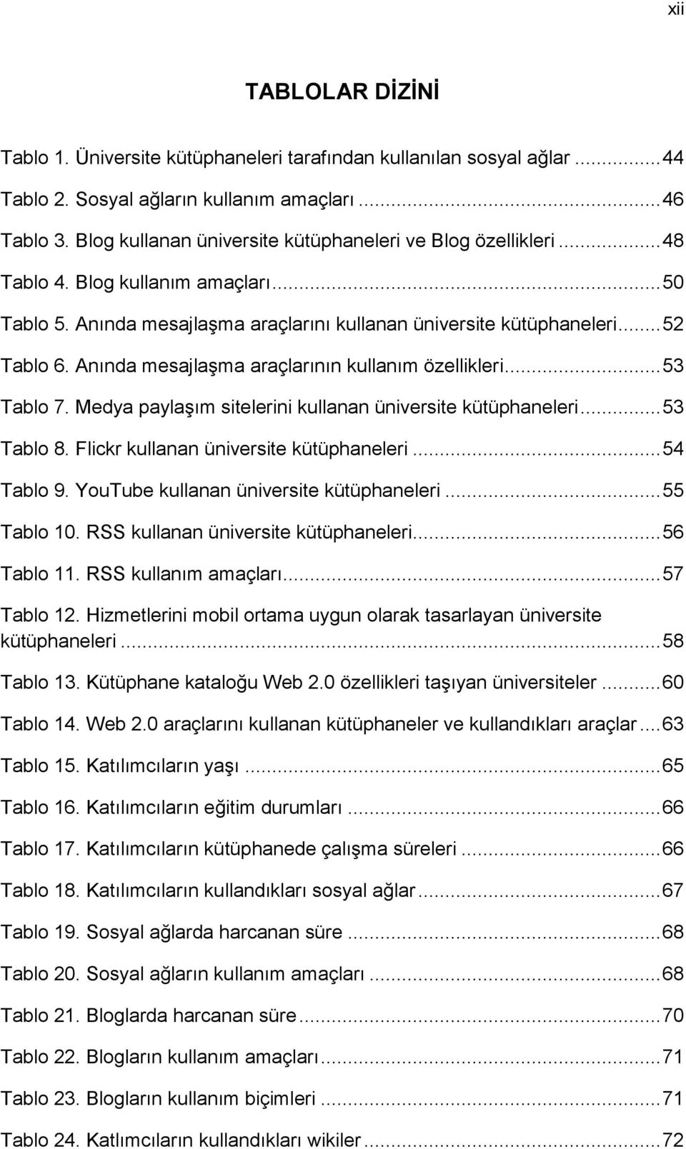 Anında mesajlaşma araçlarının kullanım özellikleri... 53 Tablo 7. Medya paylaşım sitelerini kullanan üniversite kütüphaneleri... 53 Tablo 8. Flickr kullanan üniversite kütüphaneleri... 54 Tablo 9.