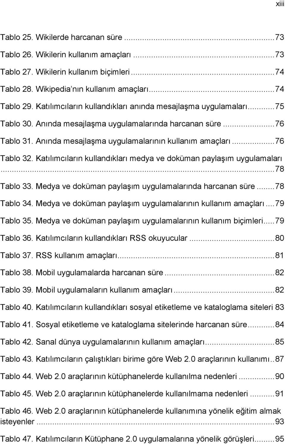 .. 76 Tablo 32. Katılımcıların kullandıkları medya ve doküman paylaşım uygulamaları... 78 Tablo 33. Medya ve doküman paylaşım uygulamalarında harcanan süre... 78 Tablo 34.