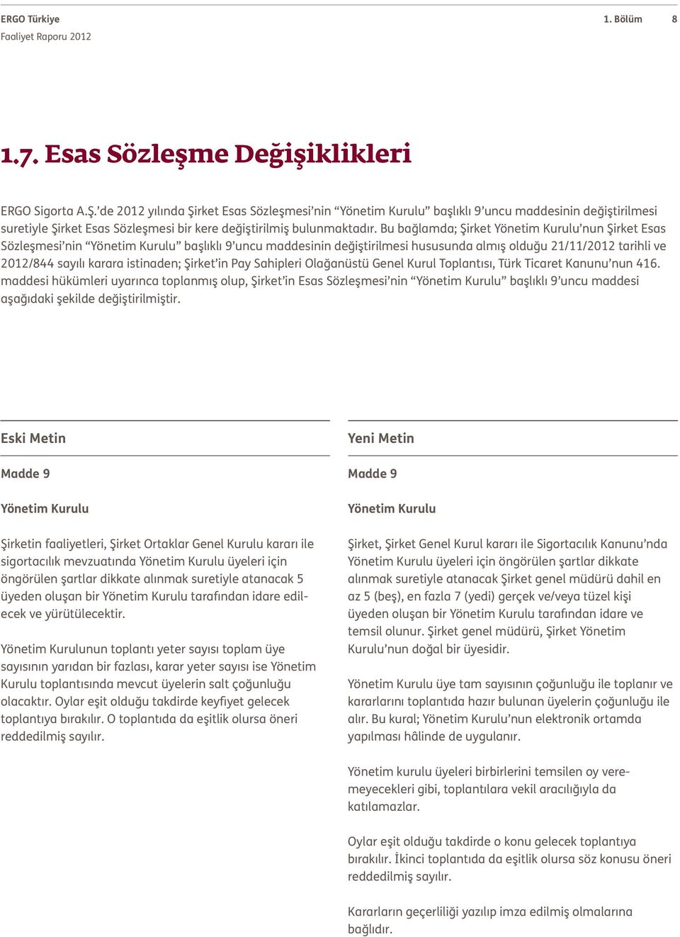 Bu bağlamda; Şirket Yönetim Kurulu nun Şirket Esas Sözleşmesi nin Yönetim Kurulu başlıklı 9 uncu maddesinin değiştirilmesi hususunda almış olduğu 21/11/2012 tarihli ve 2012/844 sayılı karara