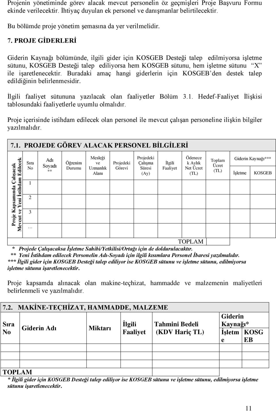 PROJE GİDERLERİ Giderin Kaynağı bölümünde, ilgili gider için KOSGEB Desteği talep edilmiyorsa işletme sütunu, KOSGEB Desteği talep ediliyorsa hem KOSGEB sütunu, hem işletme sütunu X ile