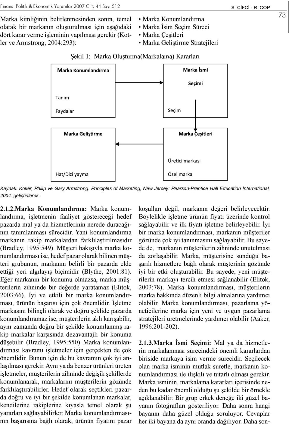 COP 73 Şekil 1: Marka Oluşturma(Markalama) Kararları Kaynak: Kotler, Philip ve Gary Armstrong. Principles of Marketing, New Jersey: Pearson-Prentice Hall Education İnternational, 2004. geliştirilerek.