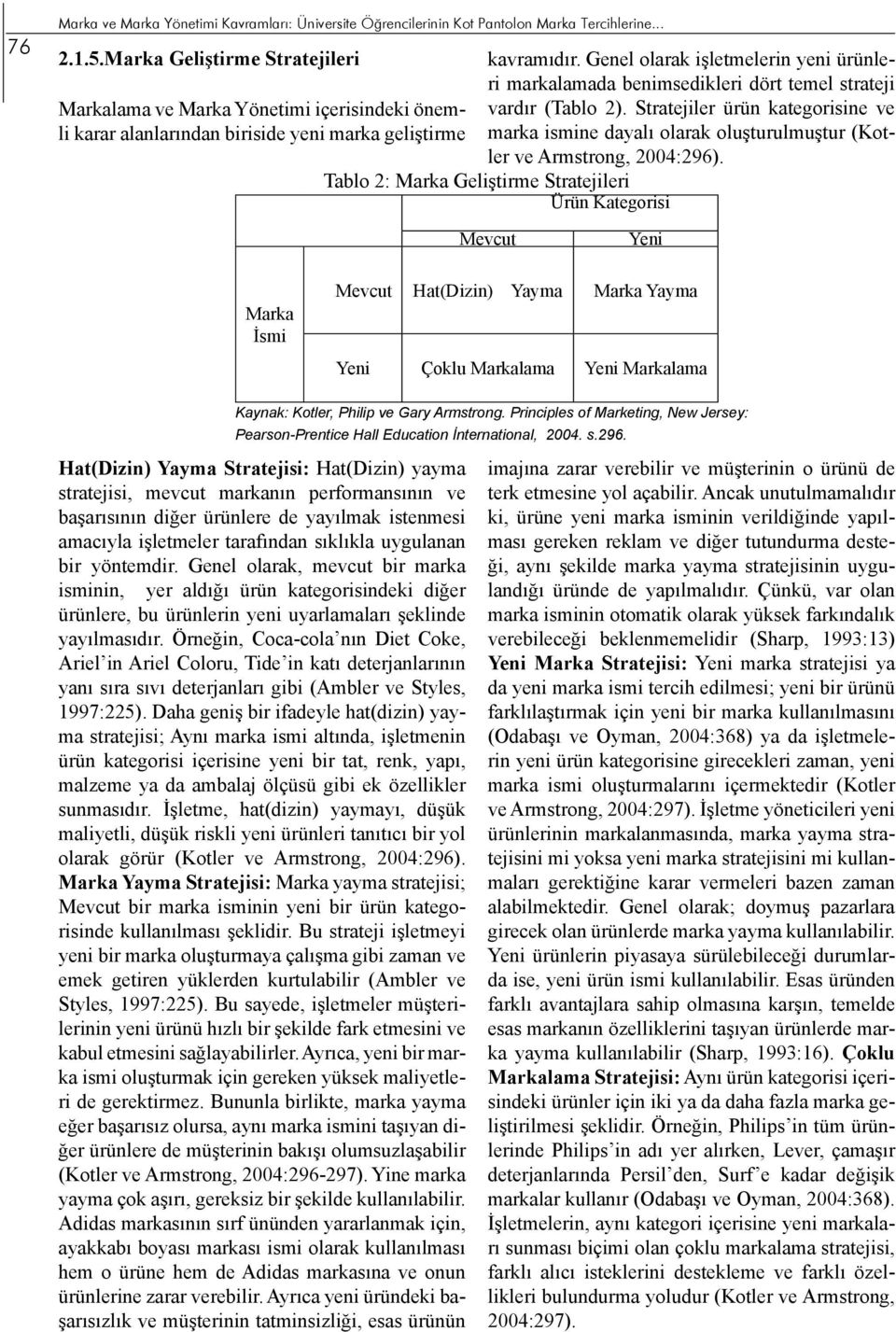 dayalı olarak oluşturulmuştur (Kot- vardır (Tablo 2). Stratejiler ürün kategorisine ve ler ve Armstrong, 2004:296).