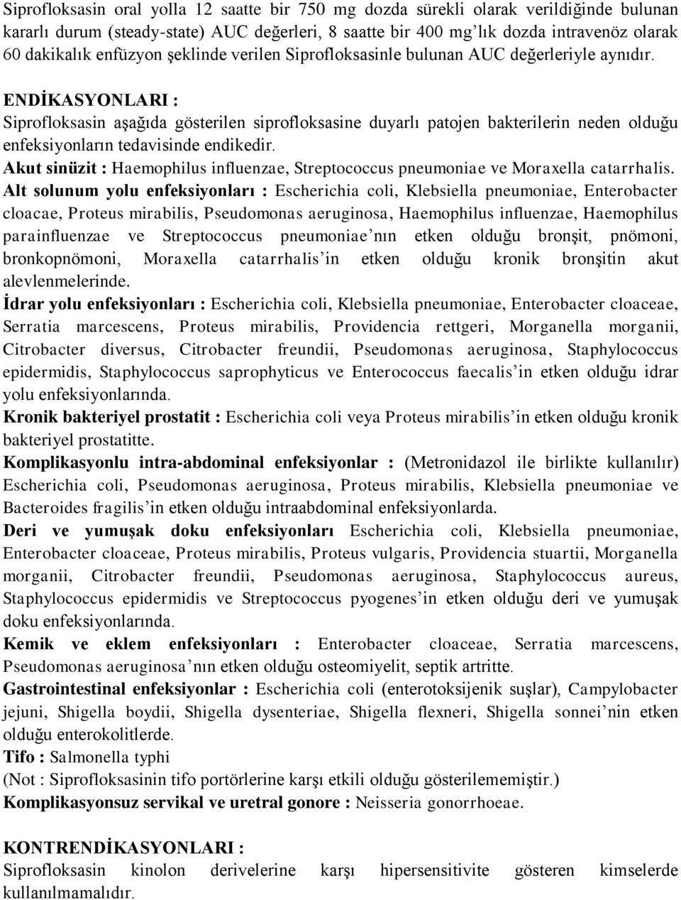 ENDİKASYONLARI : Siprofloksasin aşağıda gösterilen siprofloksasine duyarlı patojen bakterilerin neden olduğu enfeksiyonların tedavisinde endikedir.