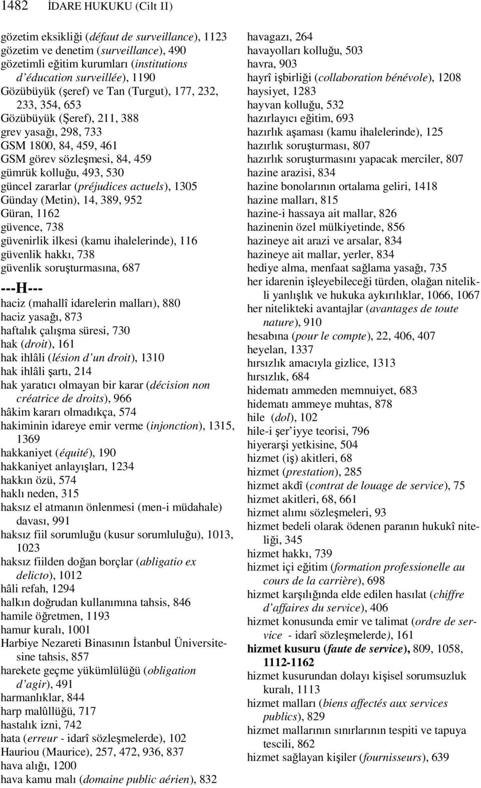 (préjudices actuels), 1305 Günday (Metin), 14, 389, 952 Güran, 1162 güvence, 738 güvenirlik ilkesi (kamu ihalelerinde), 116 güvenlik hakkı, 738 güvenlik soruşturmasına, 687 ---H--- haciz (mahallî