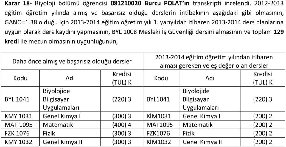 yarıyıldan itibaren 2013-2014 ders planlarına uygun olarak ders kaydını yapmasının, BYL 1008 Mesleki İş Güvenliği dersini almasının ve toplam 129 kredi ile mezun olmasının