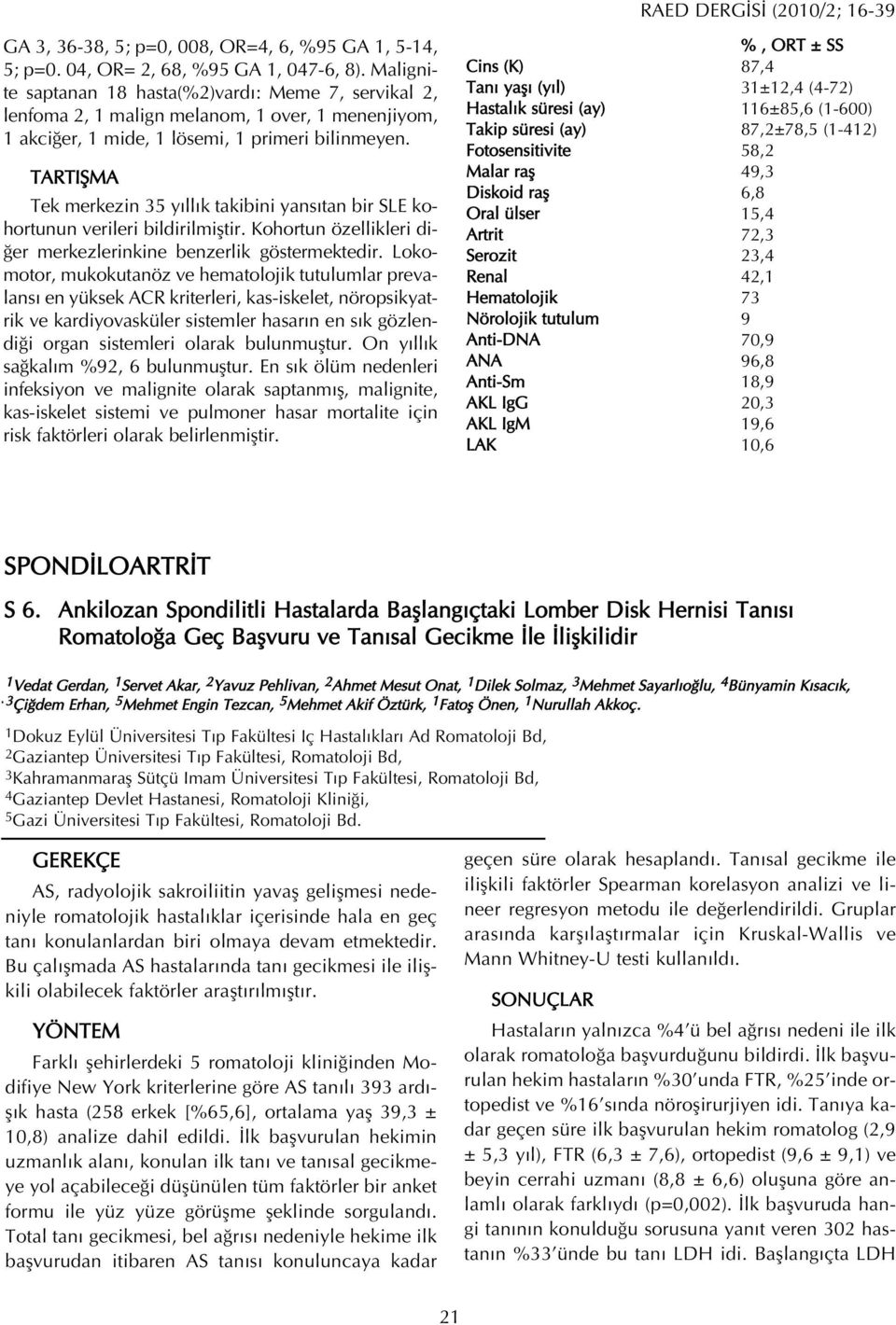 Tek merkezin 35 y ll k takibini yans tan bir SLE kohortunun verileri bildirilmifltir. Kohortun özellikleri di- er merkezlerinkine benzerlik göstermektedir.