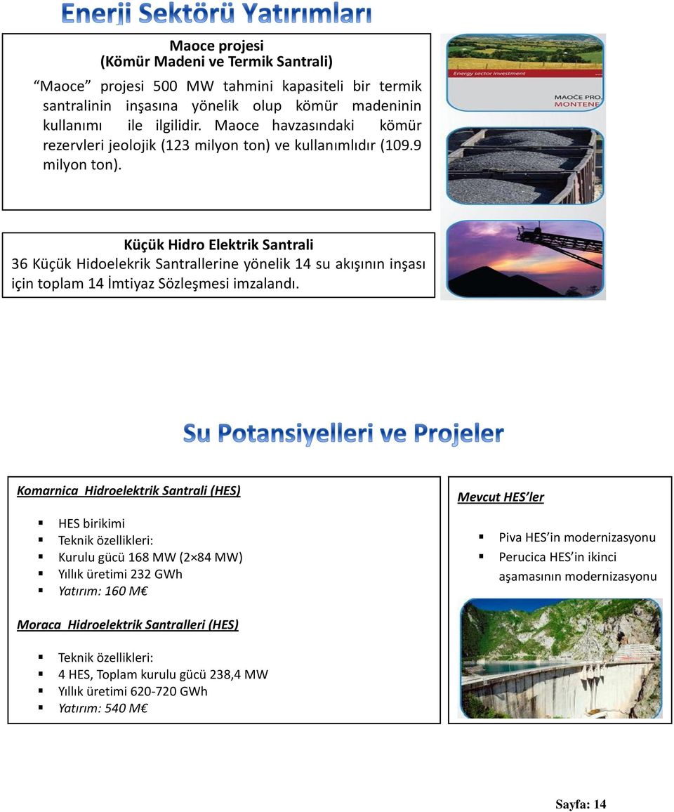 Küçük Hidro Elektrik Santrali 36 Küçük Hidoelekrik Santrallerine yönelik 14 su akışının inşası için toplam 14 İmtiyaz Sözleşmesi imzalandı.