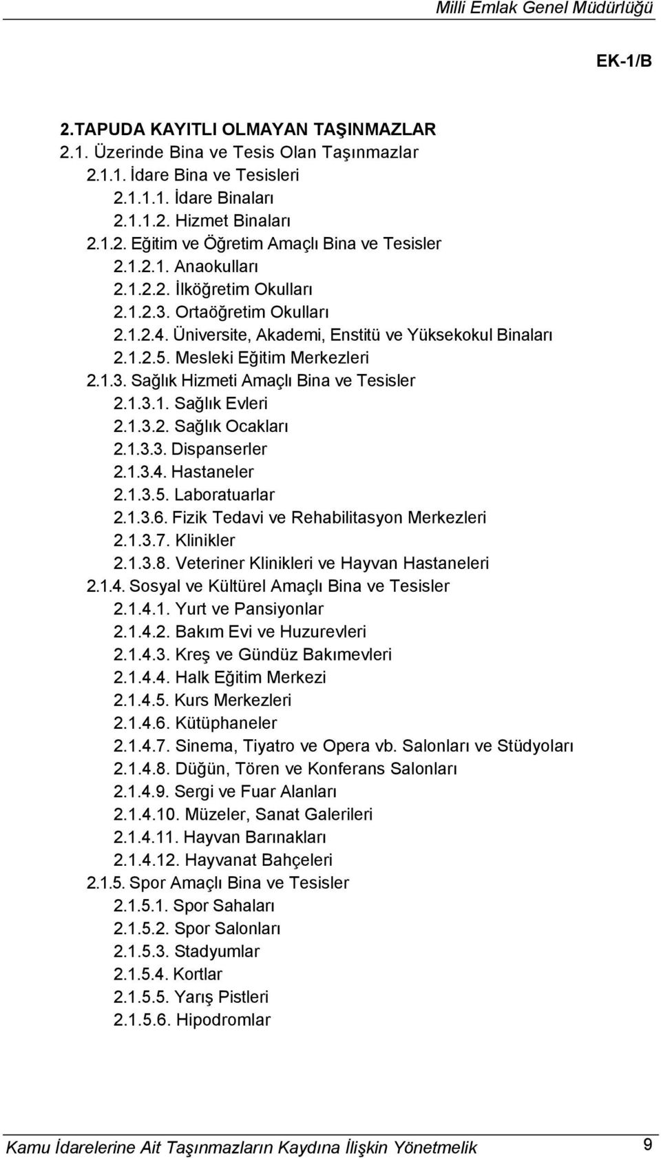 Mesleki Eğitim Merkezleri 2.1.3. Sağlık Hizmeti Amaçlı Bina ve Tesisler 2.1.3.1. Sağlık Evleri 2.1.3.2. Sağlık Ocakları 2.1.3.3. Dispanserler 2.1.3.4. Hastaneler 2.1.3.5. Laboratuarlar 2.1.3.6.