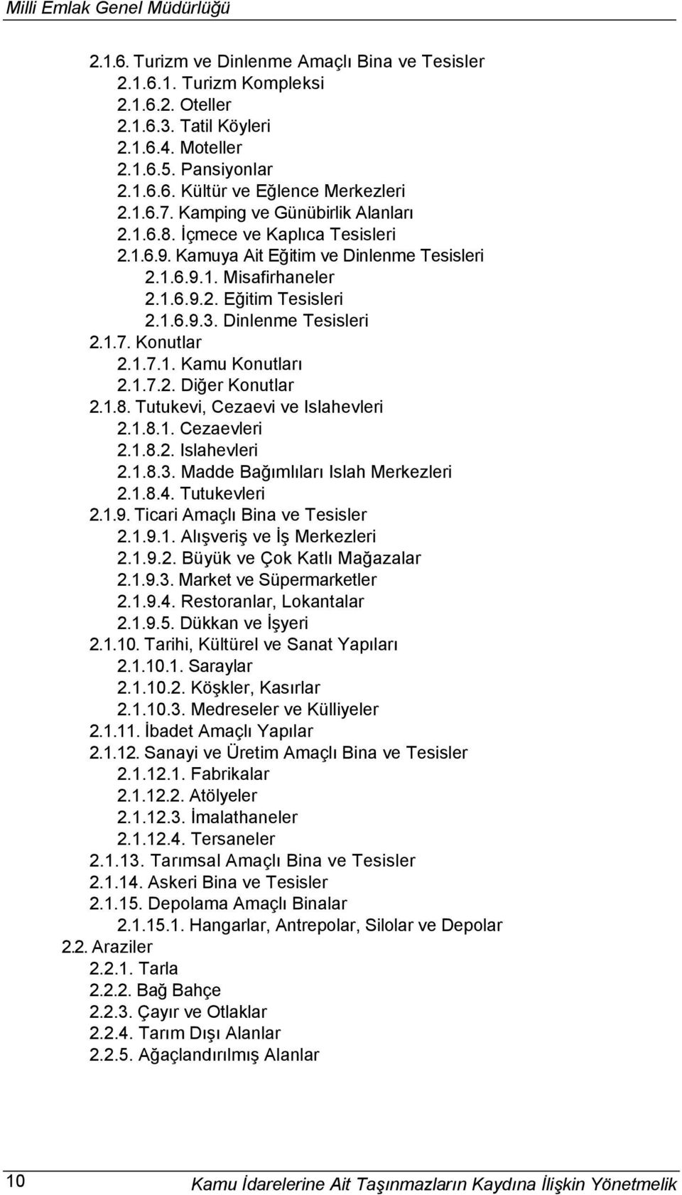 Dinlenme Tesisleri 2.1.7. Konutlar 2.1.7.1. Kamu Konutları 2.1.7.2. Diğer Konutlar 2.1.8. Tutukevi, Cezaevi ve Islahevleri 2.1.8.1. Cezaevleri 2.1.8.2. Islahevleri 2.1.8.3.