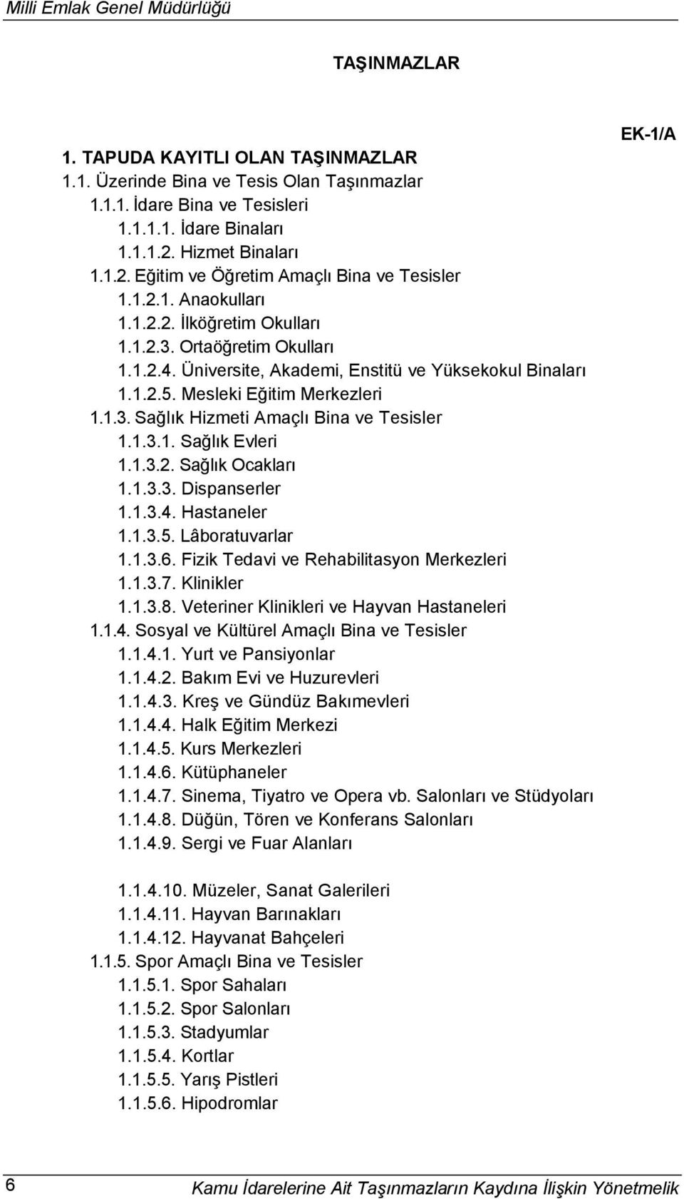 Üniversite, Akademi, Enstitü ve Yüksekokul Binaları 1.1.2.5. Mesleki Eğitim Merkezleri 1.1.3. Sağlık Hizmeti Amaçlı Bina ve Tesisler 1.1.3.1. Sağlık Evleri 1.1.3.2. Sağlık Ocakları 1.1.3.3. Dispanserler 1.