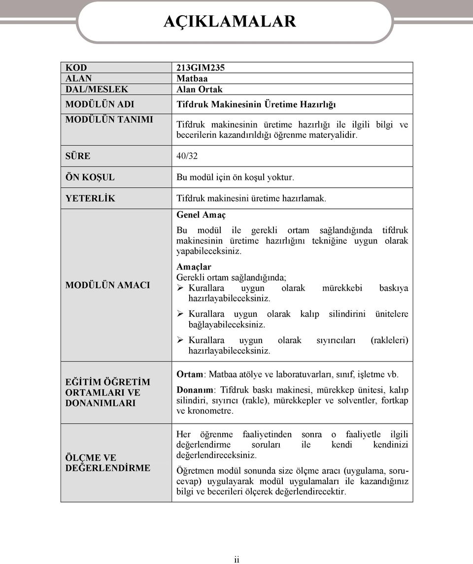 Tifdruk makinesini üretime hazırlamak. Genel Amaç Bu modül ile gerekli ortam sağlandığında tifdruk makinesinin üretime hazırlığını tekniğine uygun olarak yapabileceksiniz.