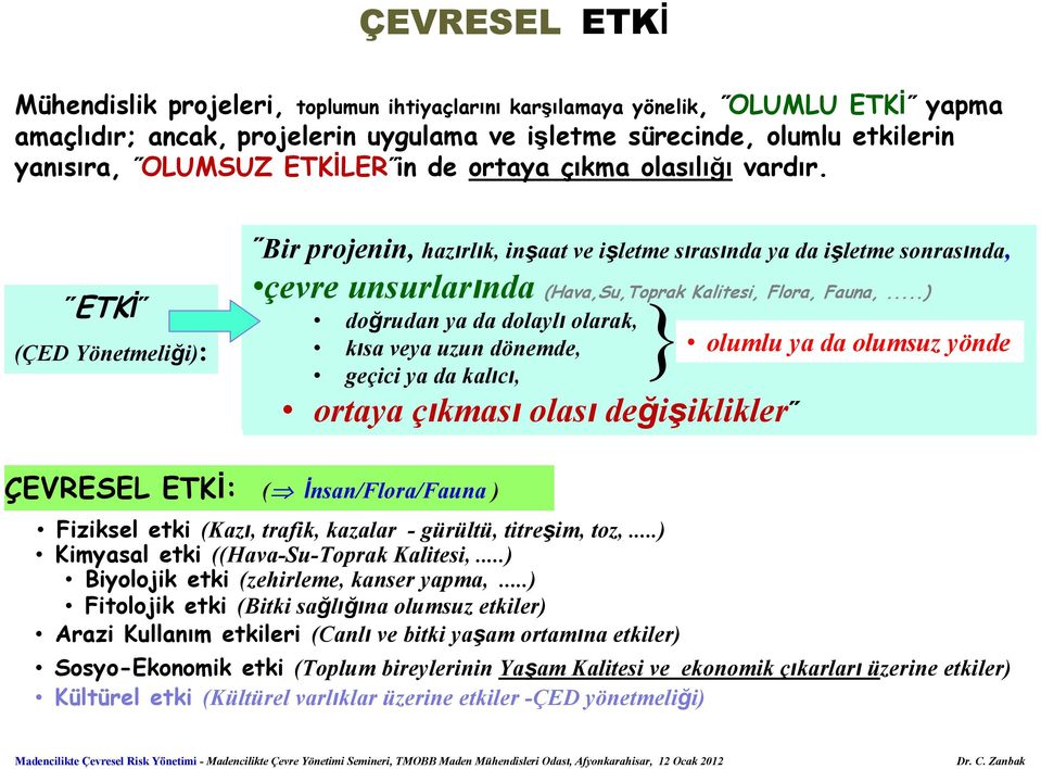 Bir projenin, hazırlık, inşaat ve işletme sırasında ya da işletme sonrasında, ETKİ (ÇED Yönetmeliği): çevre unsurlarında (Hava,Su,Toprak Kalitesi, Flora, Fauna,.