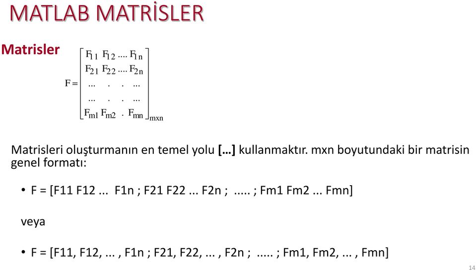 mxn boyutundaki bir matrisin genel formatı: F = [F11 F12... F1n ; F21 F22... F2n ;.