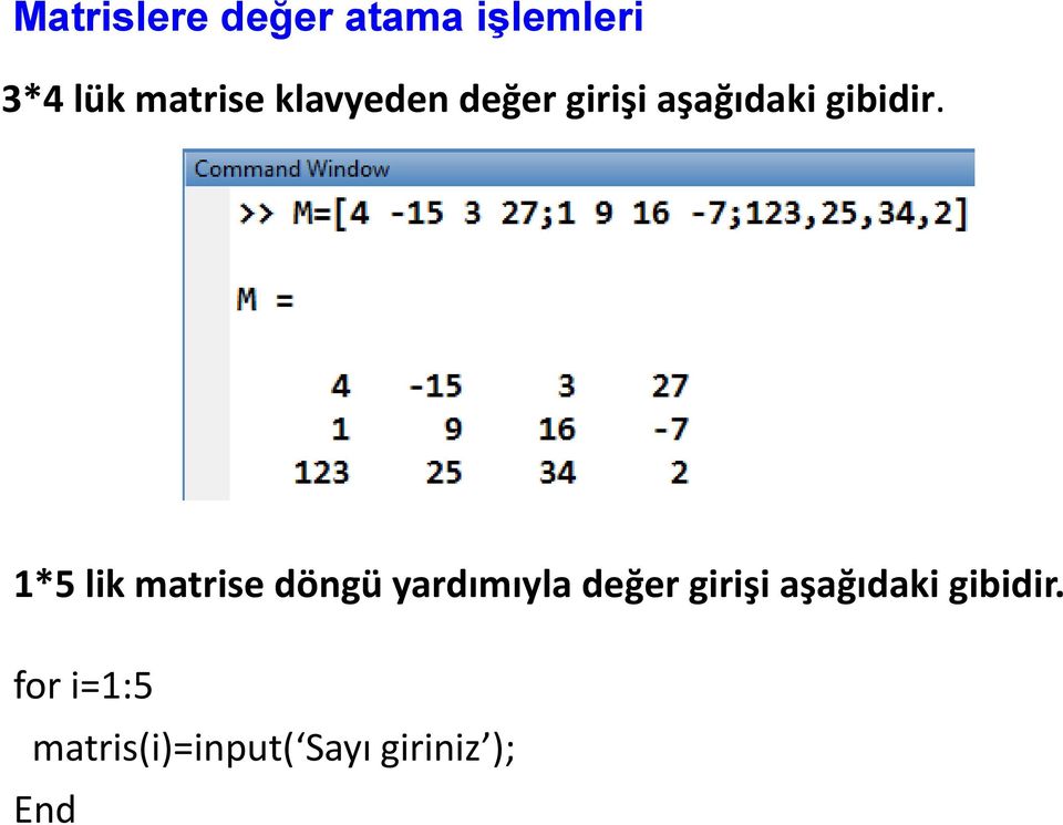 1*5 lik matrise döngü yardımıyla değer girişi