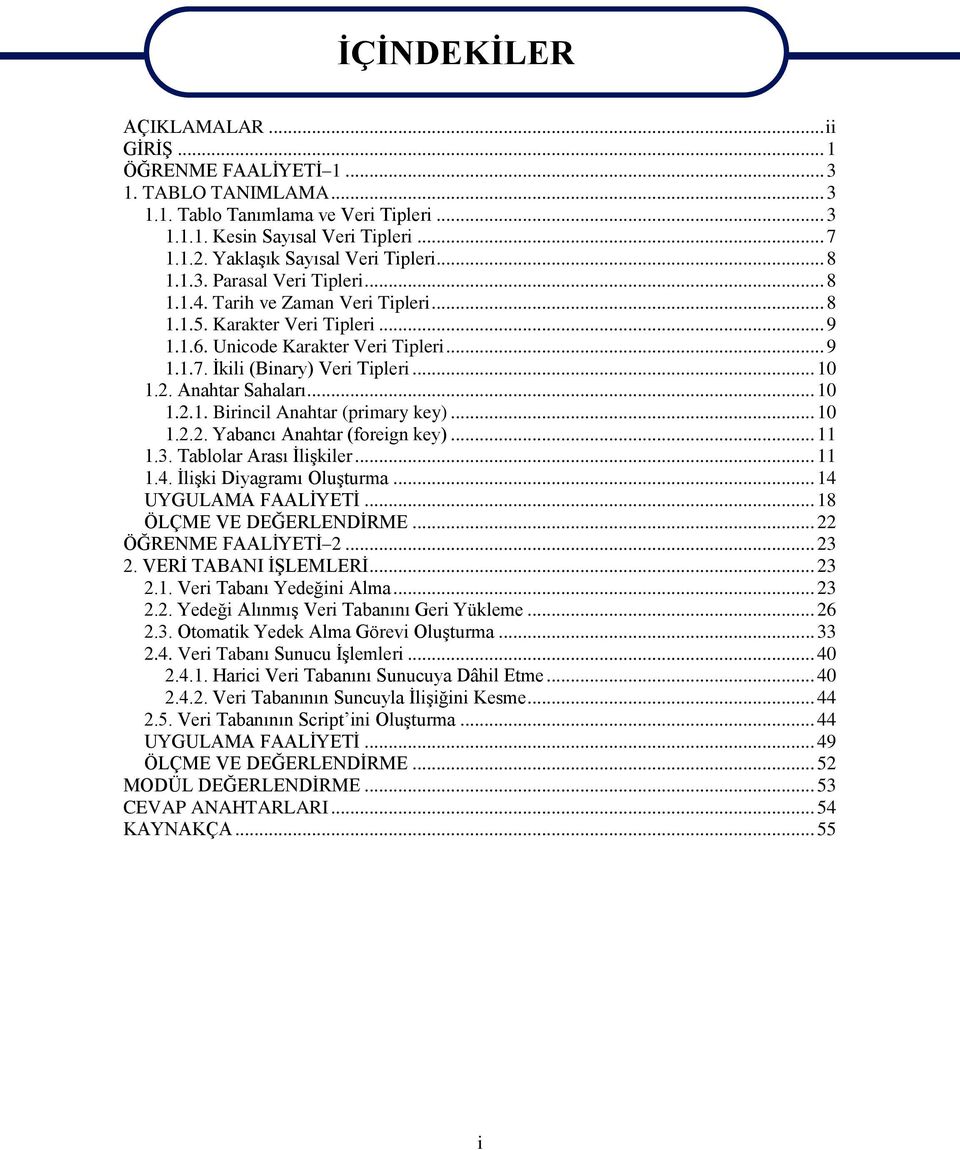 İkili (Binary) Veri Tipleri... 10 1.2. Anahtar Sahaları... 10 1.2.1. Birincil Anahtar (primary key)... 10 1.2.2. Yabancı Anahtar (foreign key)... 11 1.3. Tablolar Arası İlişkiler... 11 1.4.