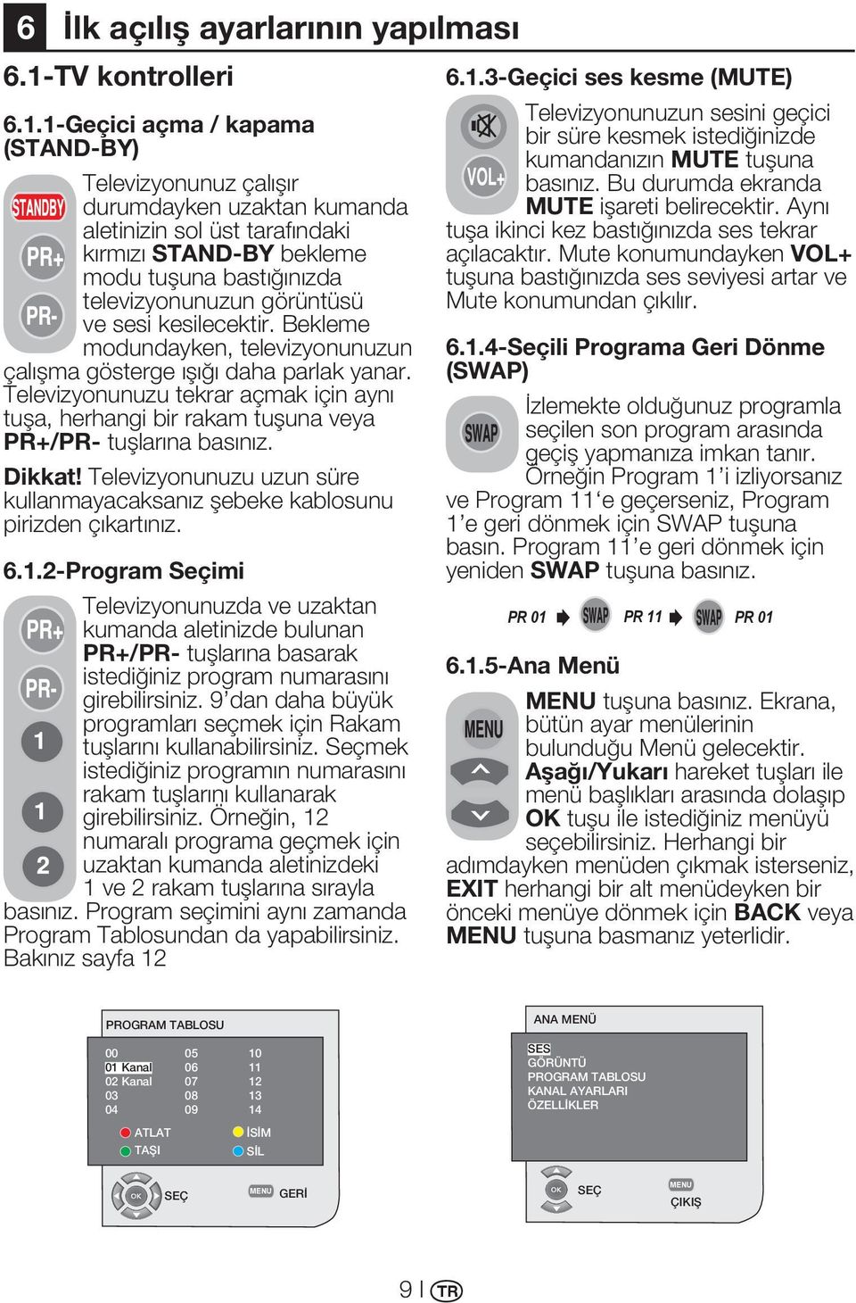 1-Geçici açma / kapama (STAND-BY) Televizyonunuz çalışır durumdayken uzaktan kumanda aletinizin sol üst tarafındaki kırmızı STAND-BY bekleme modu tuşuna bastığınızda televizyonunuzun görüntüsü ve