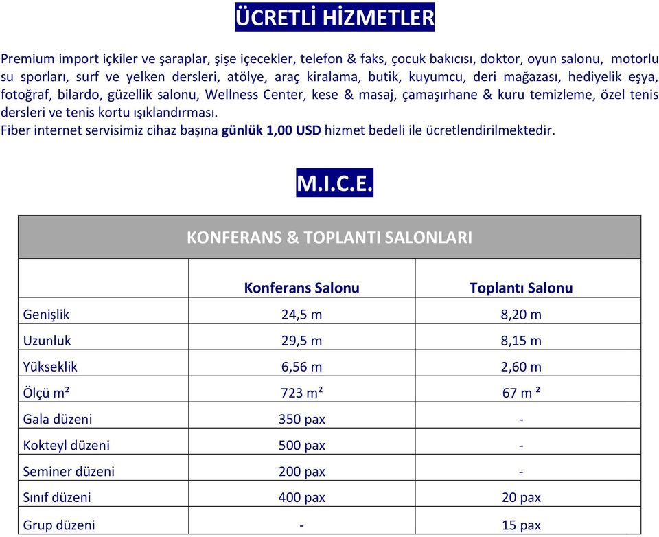 ışıklandırması. Fiber internet servisimiz cihaz başına günlük 1,00 USD hizmet bedeli ile ücretlendirilmektedir. M.I.C.E.