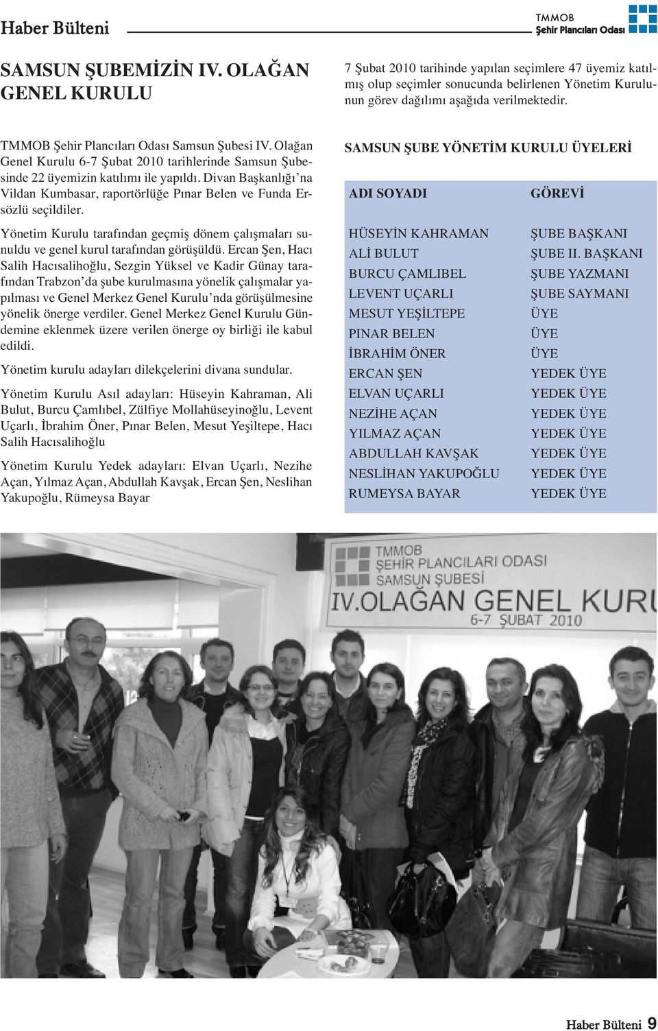 Olağan Genel Kurulu 6-7 Şubat 2010 tarihlerinde Samsun Şubesinde 22 üyemizin katılımı ile yapıldı. Divan Başkanlığı na Vildan Kumbasar, raportörlüğe Pınar Belen ve Funda Ersözlü seçildiler.