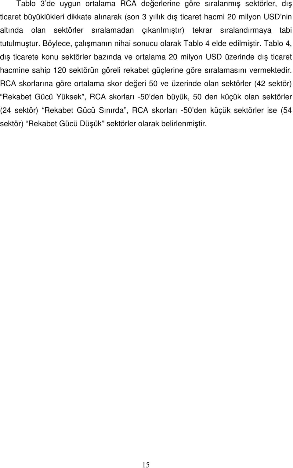 Tablo 4, dış ticarete konu sektörler bazında ve ortalama 20 milyon USD üzerinde dış ticaret hacmine sahip 120 sektörün göreli rekabet güçlerine göre sıralamasını vermektedir.