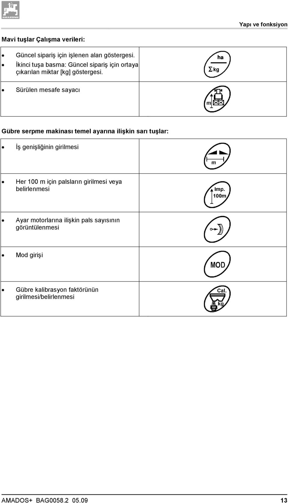 Sürülen mesafe sayacı Gübre serpme makinası temel ayarına ilişkin sarı tuşlar: İş genişliğinin girilmesi Her 100 m