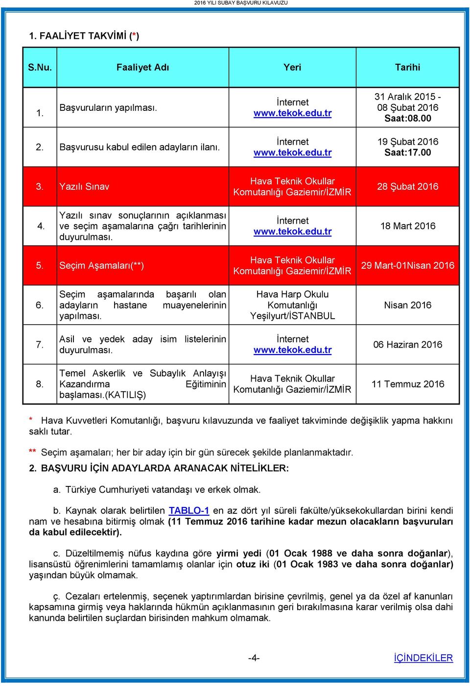 Yazılı sınav sonuçlarının açıklanması ve seçim aşamalarına çağrı tarihlerinin duyurulması. İnternet www.tekok.edu.tr 18 Mart 2016 5.