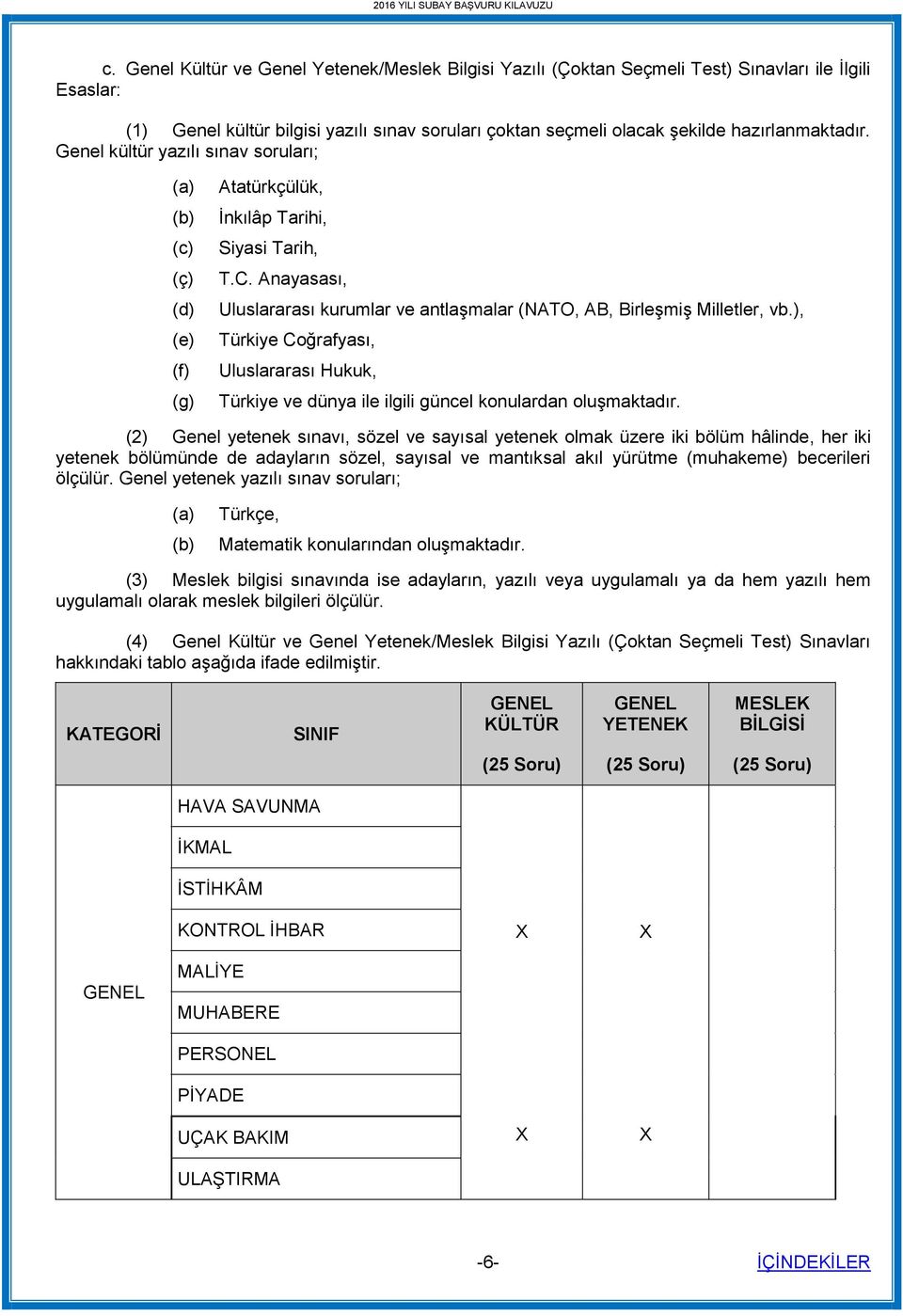 Genel kültür yazılı sınav soruları; (a) (b) (c) (ç) (d) (e) (f) (g) Atatürkçülük, İnkılâp Tarihi, Siyasi Tarih, T.C. Anayasası, Uluslararası kurumlar ve antlaşmalar (NATO, AB, Birleşmiş Milletler, vb.