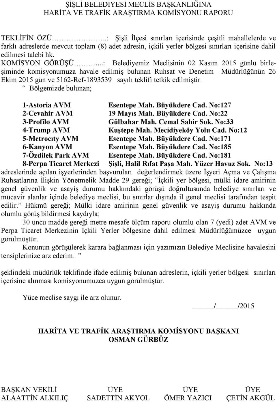 komisyonumuza havale edilmiş bulunan Ruhsat ve Denetim Müdürlüğünün 26 Ekim 2015 gün ve 5162-Ref-1893539 sayılı teklifi tetkik edilmiştir. Bölgemizde bulunan; 1-Astoria AVM Esentepe Mah.