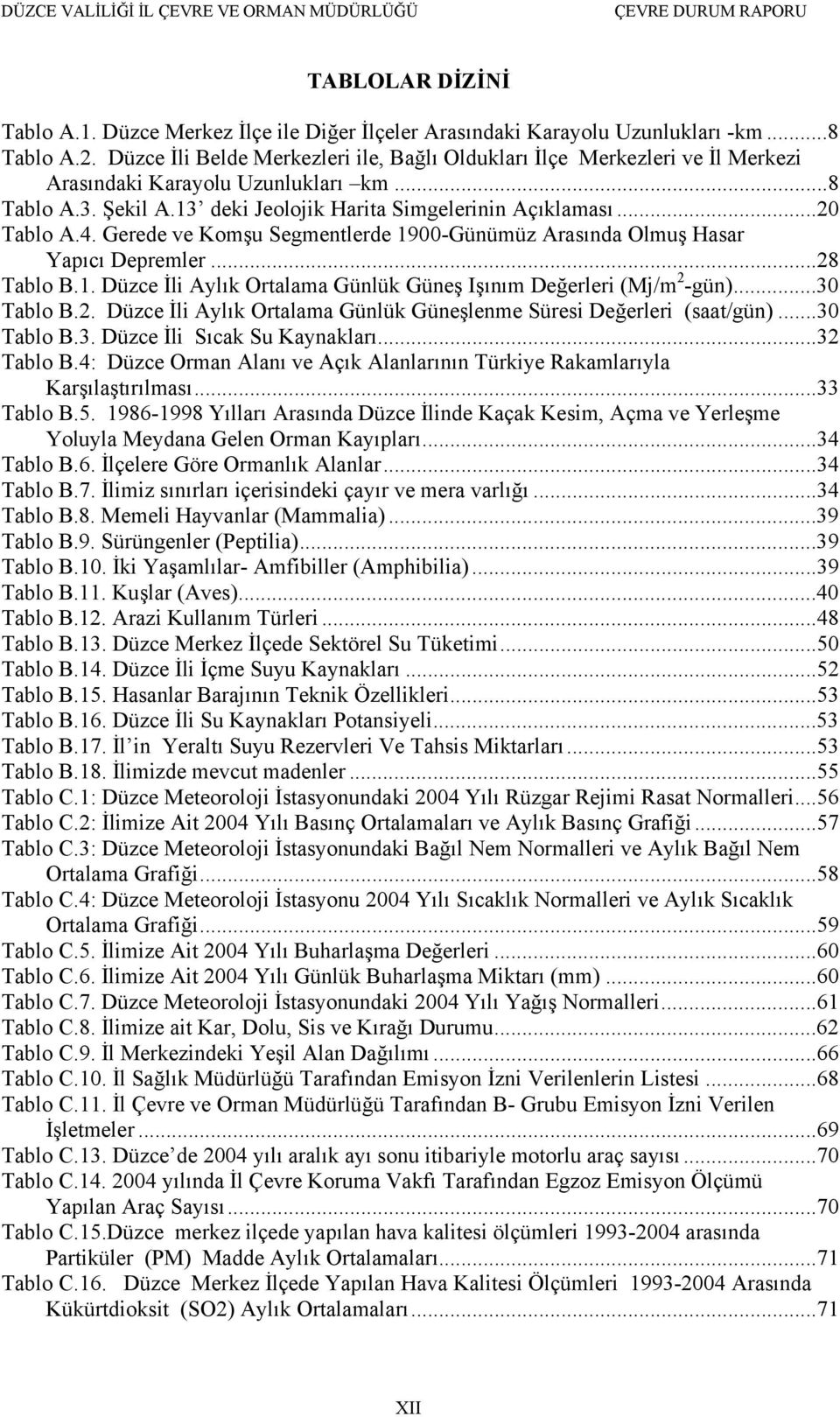 Gerede ve Komşu Segmentlerde 1900-Günümüz Arasında Olmuş Hasar Yapıcı Depremler...28 Tablo B.1. Düzce İli Aylık Ortalama Günlük Güneş Işınım Değerleri (Mj/m 2 -gün)...30 Tablo B.2. Düzce İli Aylık Ortalama Günlük Güneşlenme Süresi Değerleri (saat/gün).