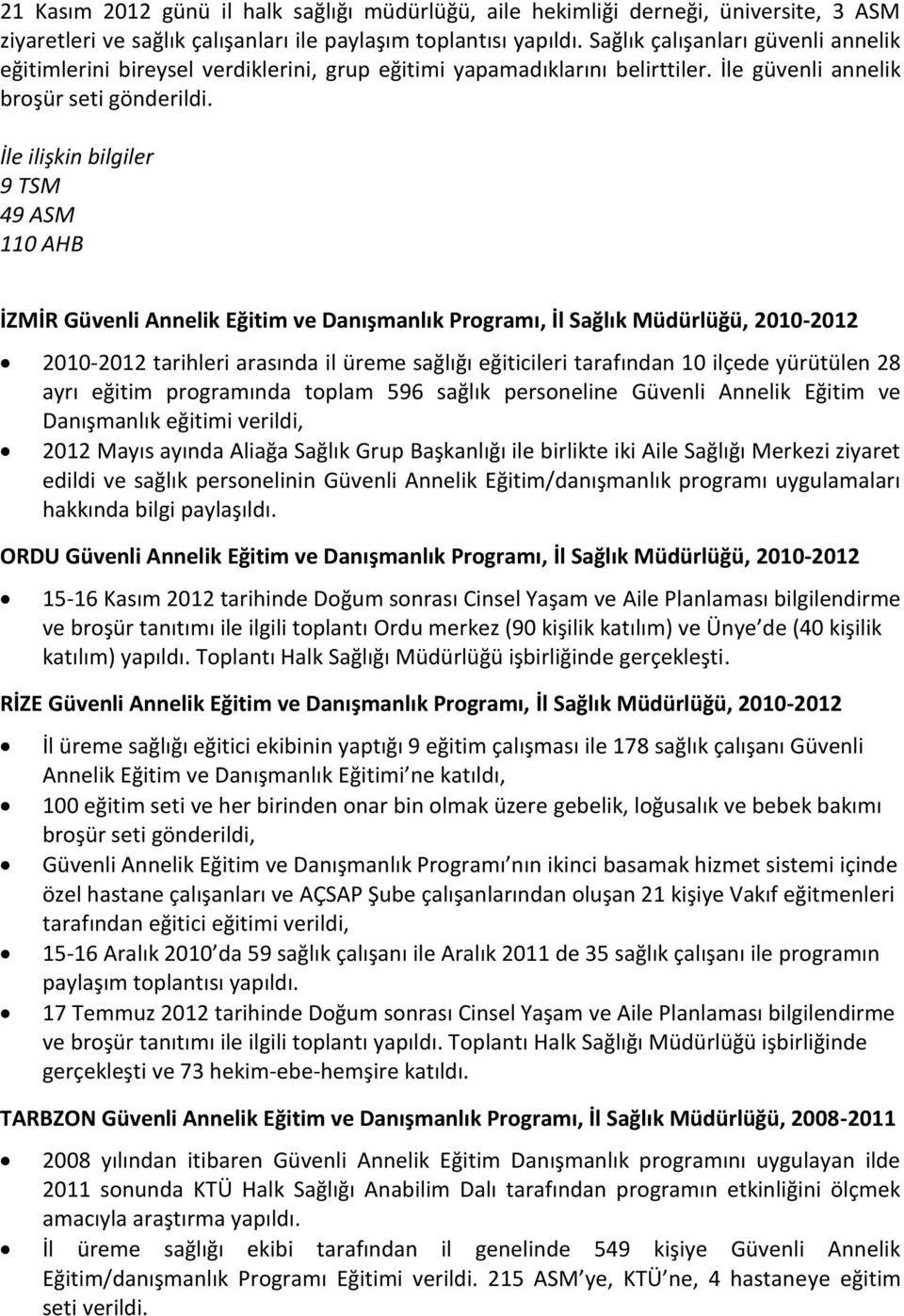 İle ilişkin bilgiler 9 TSM 49 ASM 110 AHB İZMİR Güvenli Annelik Eğitim ve Danışmanlık Programı, İl Sağlık Müdürlüğü, 2010-2012 2010-2012 tarihleri arasında il üreme sağlığı eğiticileri tarafından 10