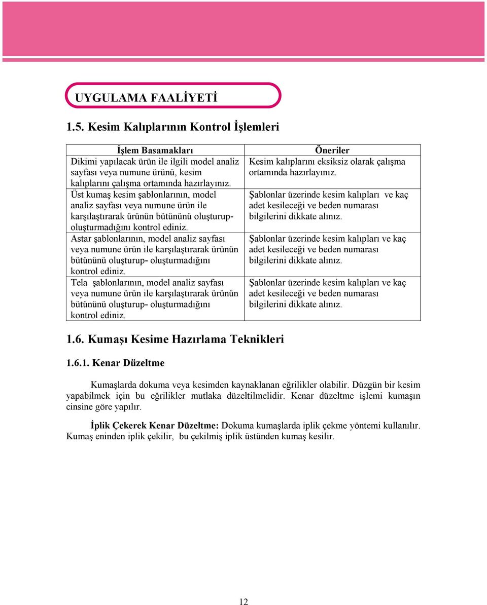 Üst kumaş kesim şablonlarının, model analiz sayfası veya numune ürün ile karşılaştırarak ürünün bütününü oluşturupoluşturmadığını kontrol ediniz.