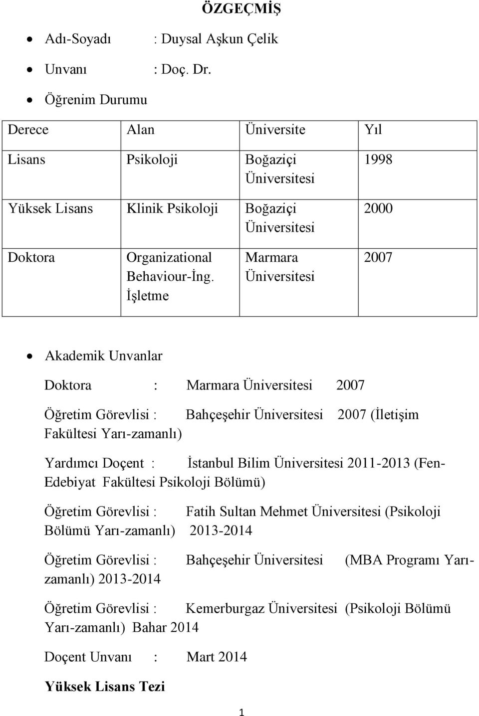 İşletme Marmara 2007 Akademik Unvanlar Doktora : Marmara 2007 Öğretim Görevlisi : Bahçeşehir 2007 (İletişim Fakültesi Yarı-zamanlı) Yardımcı Doçent : İstanbul Bilim 2011-2013