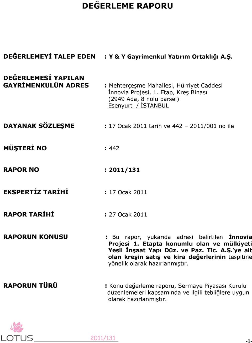 TARĠHĠ : 27 Ocak 2011 RAPORUN KONUSU : Bu rapor, yukarıda adresi belirtilen Ġnnovia Projesi 1. Etapta konumlu olan ve mülkiyeti YeĢil ĠnĢaat Yapı Düz. ve Paz. Tic. A.ġ.