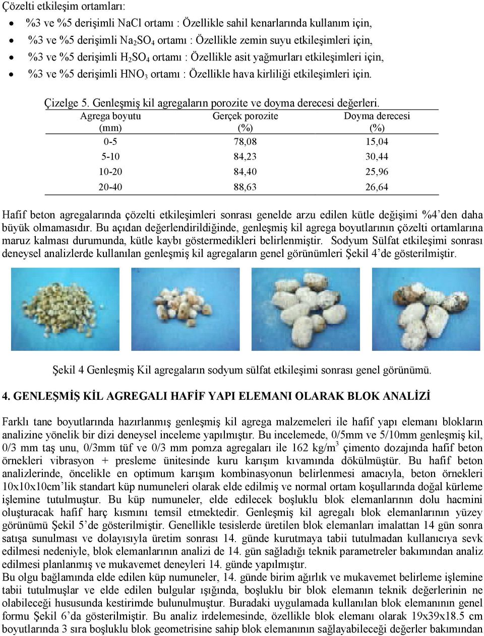 Genleşmiş kil agregaların porozite ve doyma derecesi değerleri.