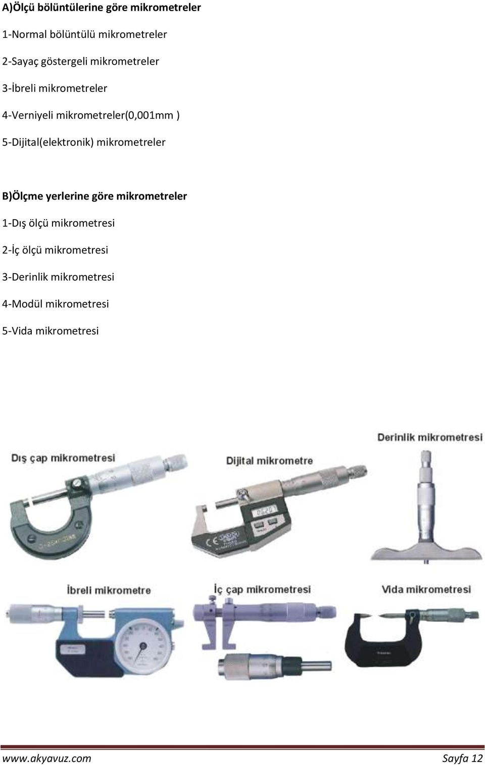 5-Dijital(elektronik) mikrometreler B)Ölçme yerlerine göre mikrometreler 1-Dış ölçü