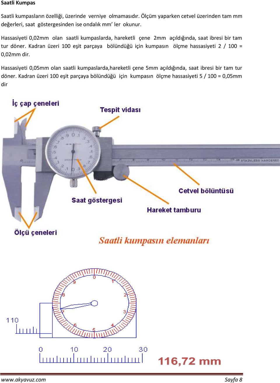 Hassasiyeti 0,02mm olan saatli kumpaslarda, hareketli çene 2mm açıldığında, saat ibresi bir tam tur döner.