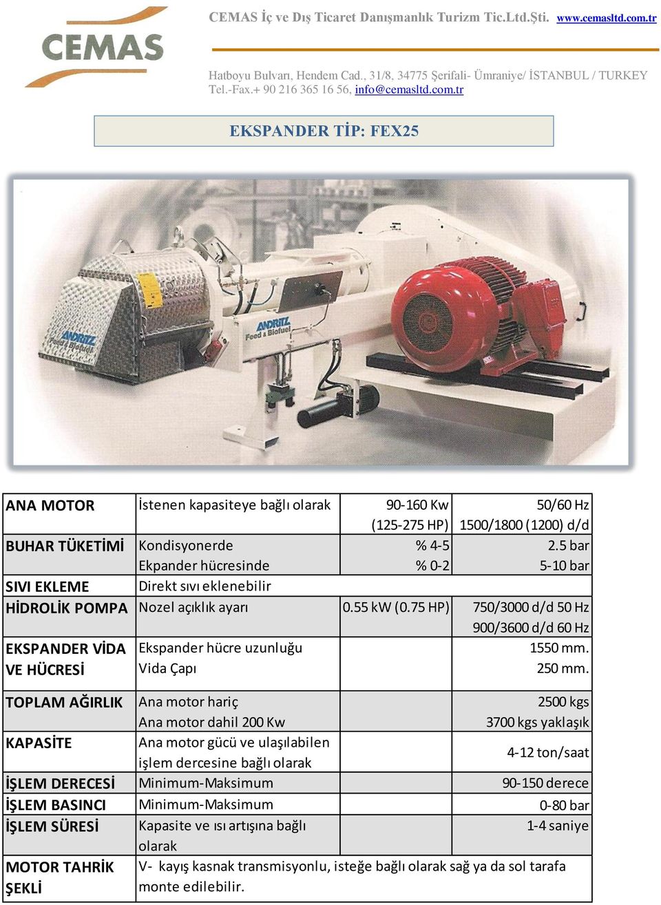 75 HP) 750/3000 d/d 50 Hz 900/3600 d/d 60 Hz EKSPANDER VİDA VE HÜCRESİ Ekspander hücre uzunluğu Vida Çapı 1550 mm. 250 mm.