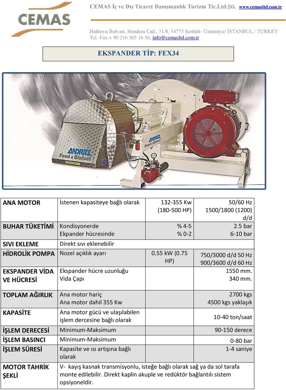 TOPLAM AĞIRLIK KAPASİTE Ana motor hariç Ana motor dahil 355 Kw Ana motor gücü ve ulaşılabilen işlem dercesine bağlı olarak 2700 kgs 4500 kgs yaklaşık 10-40 ton/saat İŞLEM DERECESİ Minimum-Maksimum