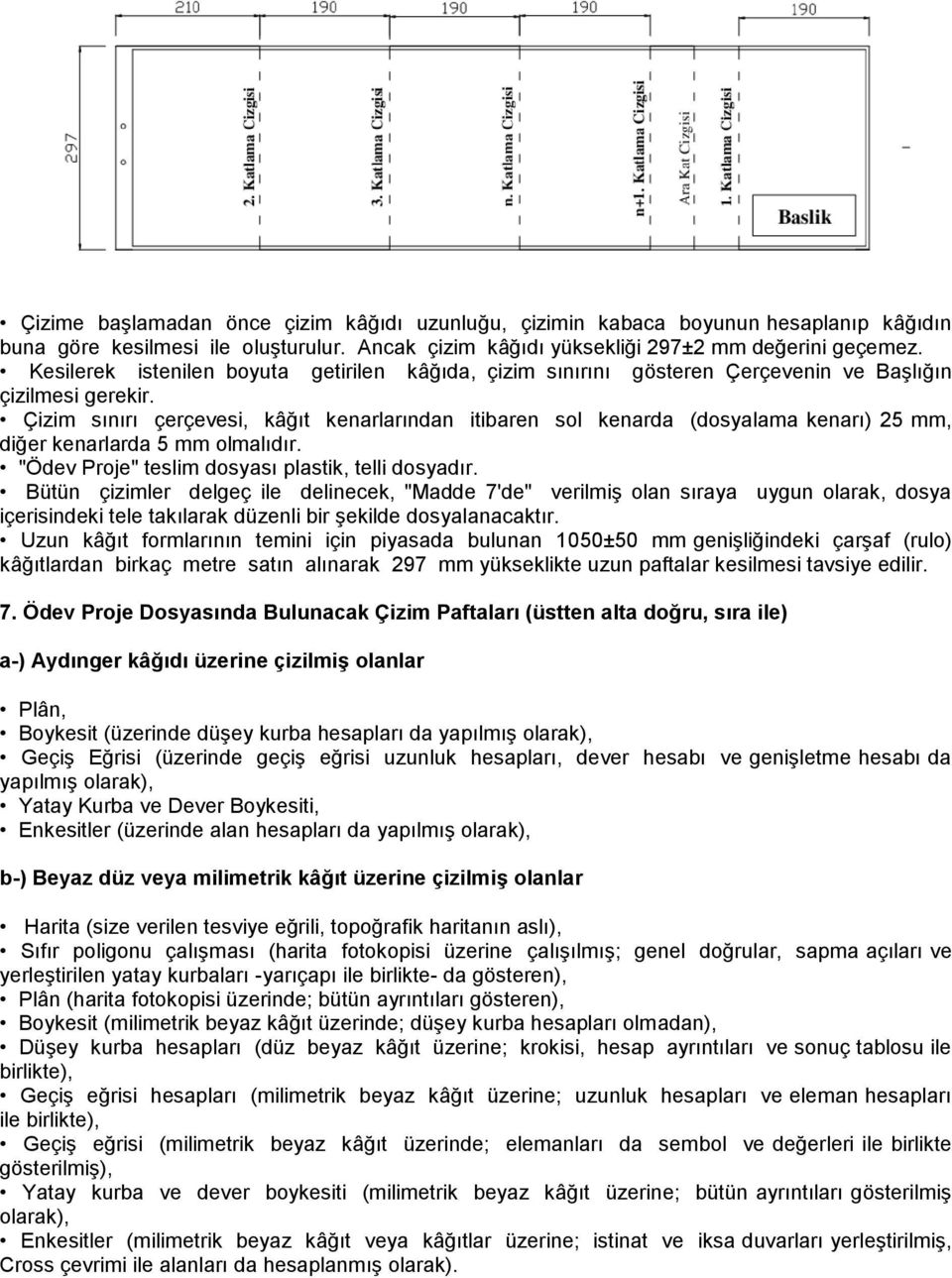 Çizim sınırı çerçevesi, kâğıt kenarlarından itibaren sol kenarda (dosyalama kenarı) 25 mm, diğer kenarlarda 5 mm olmalıdır. "Ödev Proje" teslim dosyası plastik, telli dosyadır.