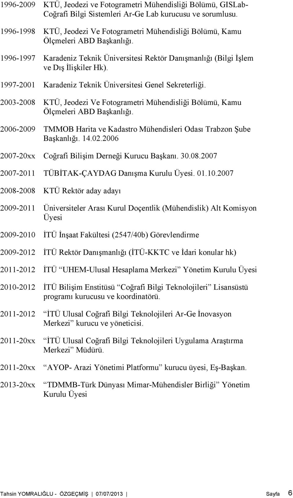 1997-2001 Karadeniz Teknik Üniversitesi Genel Sekreterliği. 2003-2008 KTÜ, Jeodezi Ve Fotogrametri Mühendisliği Bölümü, Kamu Ölçmeleri ABD Başkanlığı.