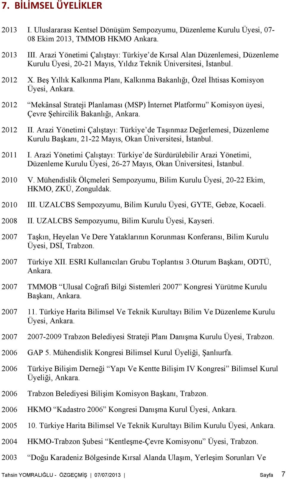 Beş Yıllık Kalkınma Planı, Kalkınma Bakanlığı, Özel İhtisas Komisyon Üyesi, Ankara. 2012 Mekânsal Strateji Planlaması (MSP) İnternet Platformu Komisyon üyesi, Çevre Şehircilik Bakanlığı, Ankara.