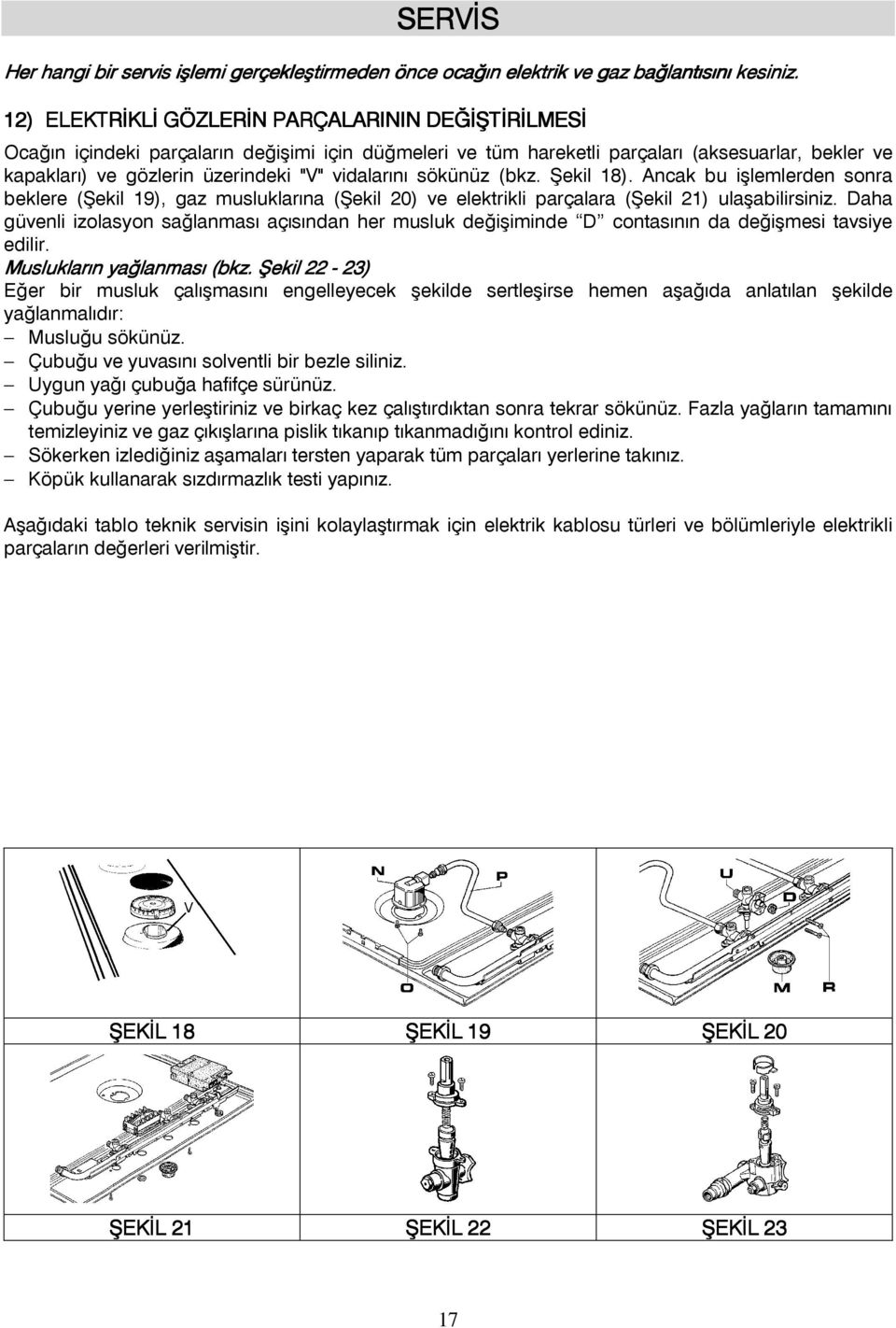 vidalarını sökünüz (bkz. Şekil 18). Ancak bu işlemlerden sonra beklere (Şekil 19), gaz musluklarına (Şekil 20) ve elektrikli parçalara (Şekil 21) ulaşabilirsiniz.