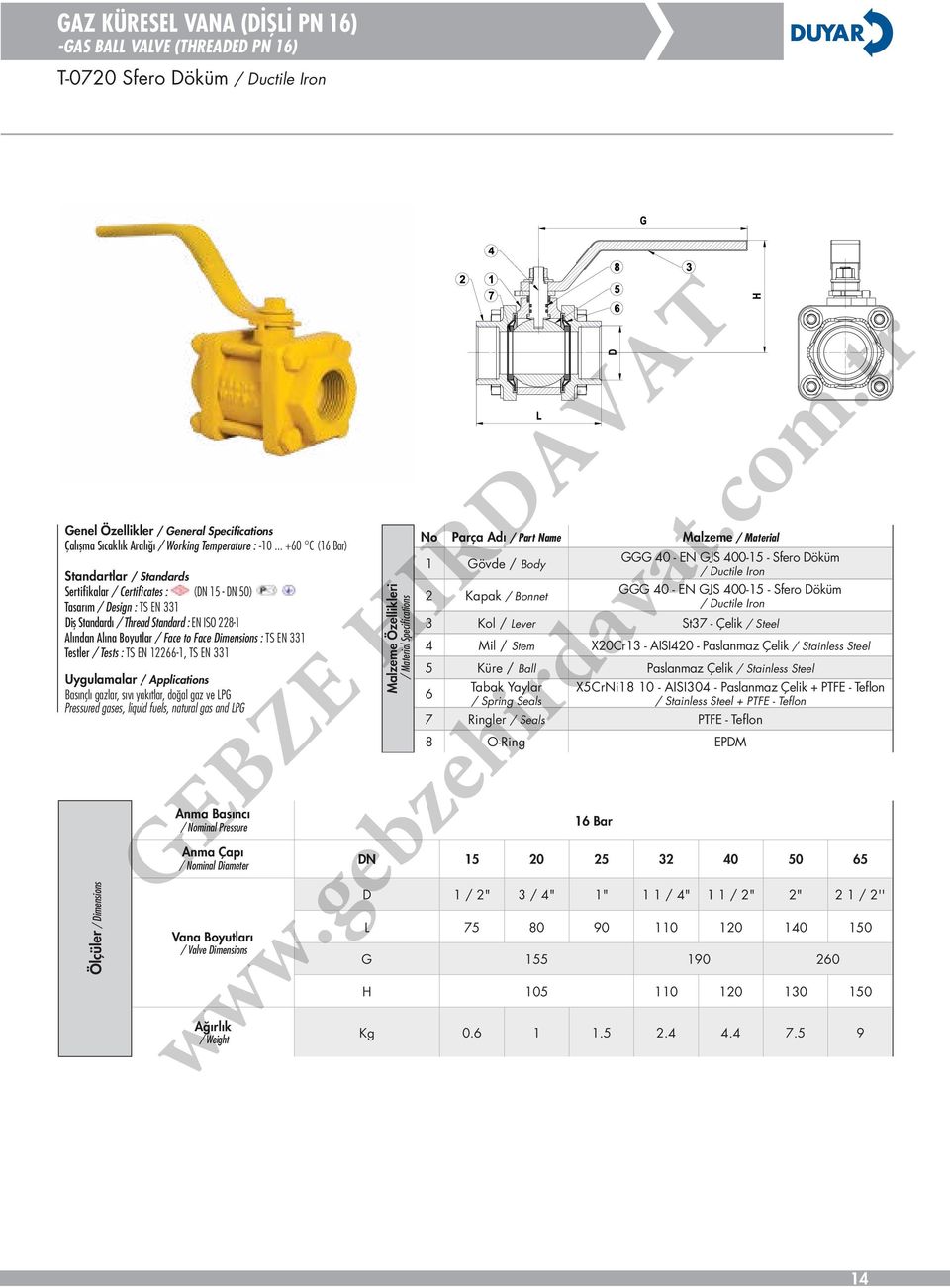 yakıtlar, doğal gaz ve LPG Pressured gases, liquid fuels, natural gas and LPG 1 Gövde / Body 2 Kapak / Bonnet GGG 40 - EN GJS 400-15 - Sfero Döküm / Ductile Iron GGG 40 - EN GJS 400-15 - Sfero Döküm