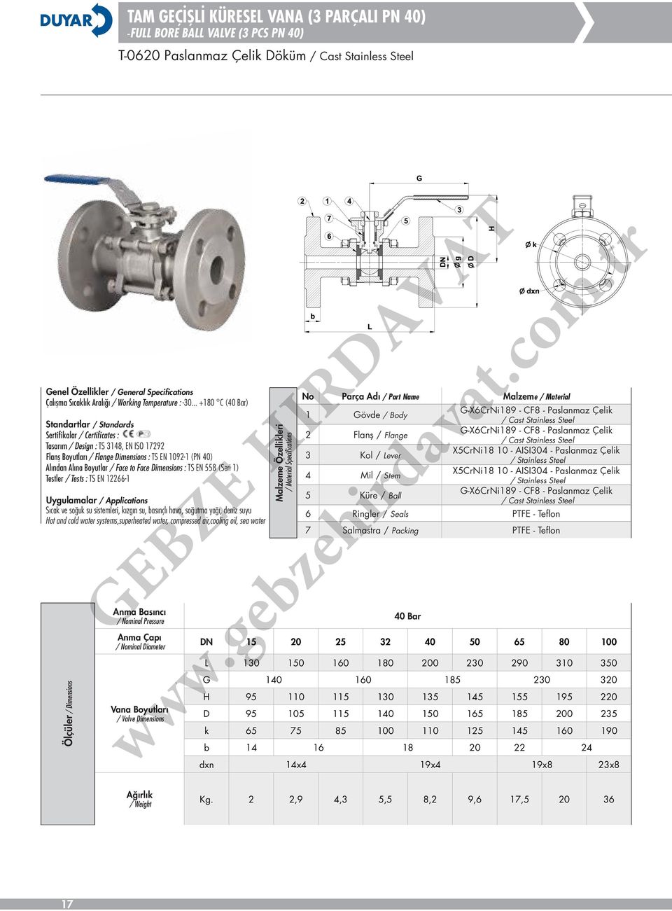 soğuk su sistemleri, kızgın su, basınçlı hava, soğutma yağı, deniz suyu Hot and cold water systems,superheated water, compressed air,cooling oil, sea water 1 Gövde / Body 2 Flanş / Flange 3 Kol /