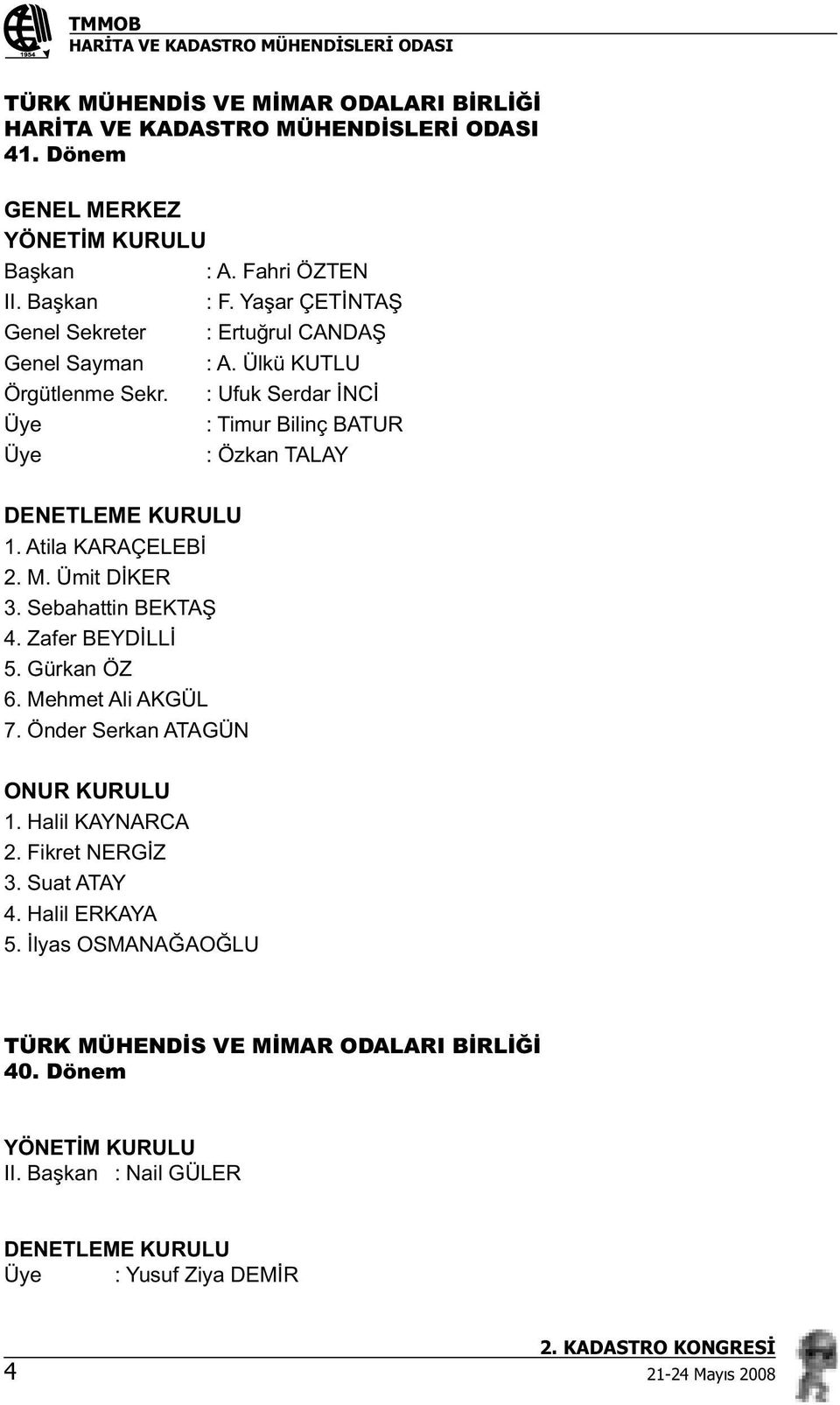 : Ufuk Serdar NC Üye : Timur Bilinç BATUR Üye : Özkan TALAY DENETLEME KURULU 1. Atila KARAÇELEB 2. M. Ümit D KER 3. Sebahattin BEKTA 4. Zafer BEYD LL 5.