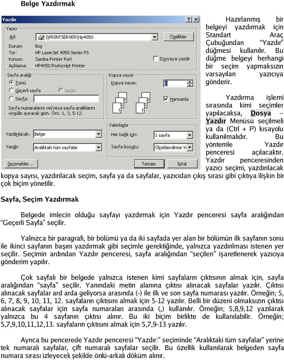 Yazdır penceresinden yazıcı seçimi, yazdırılacak kopya sayısı, yazdırılacak seçim, sayfa ya da sayfalar, yazıcıdan çıkış sırası gibi çıktıya ilişkin bir çok biçim yönetilir.