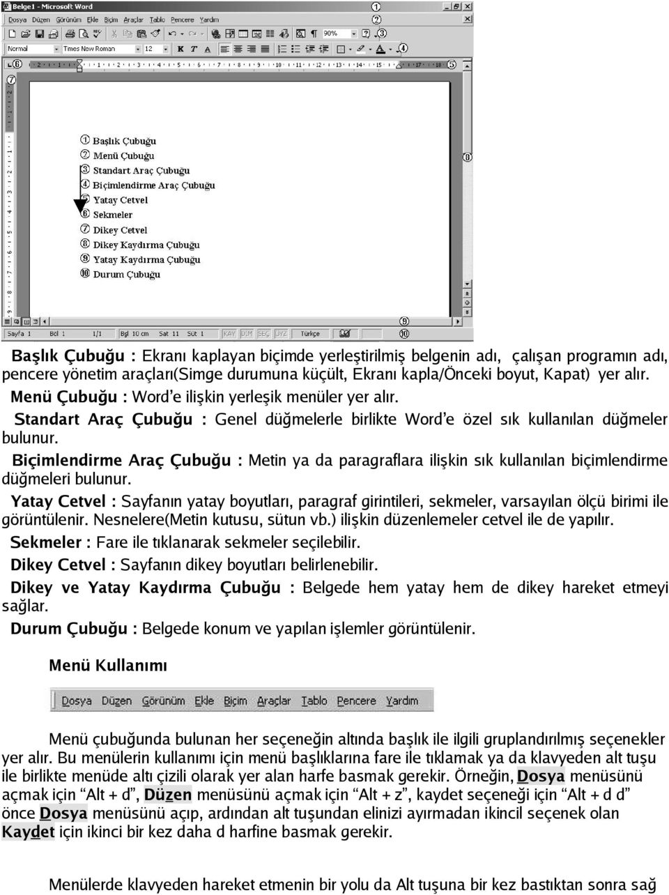 Biçimlendirme Araç Çubuğu : Metin ya da paragraflara ilişkin sık kullanılan biçimlendirme düğmeleri bulunur.